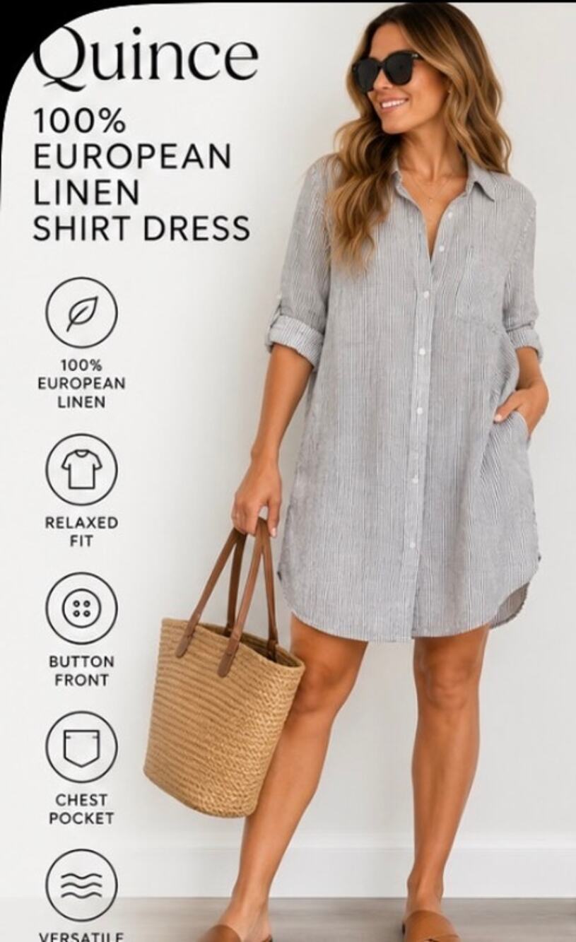 Quince 100% European Linen Blue & White Striped Button Down Shirt Dress Tunic L